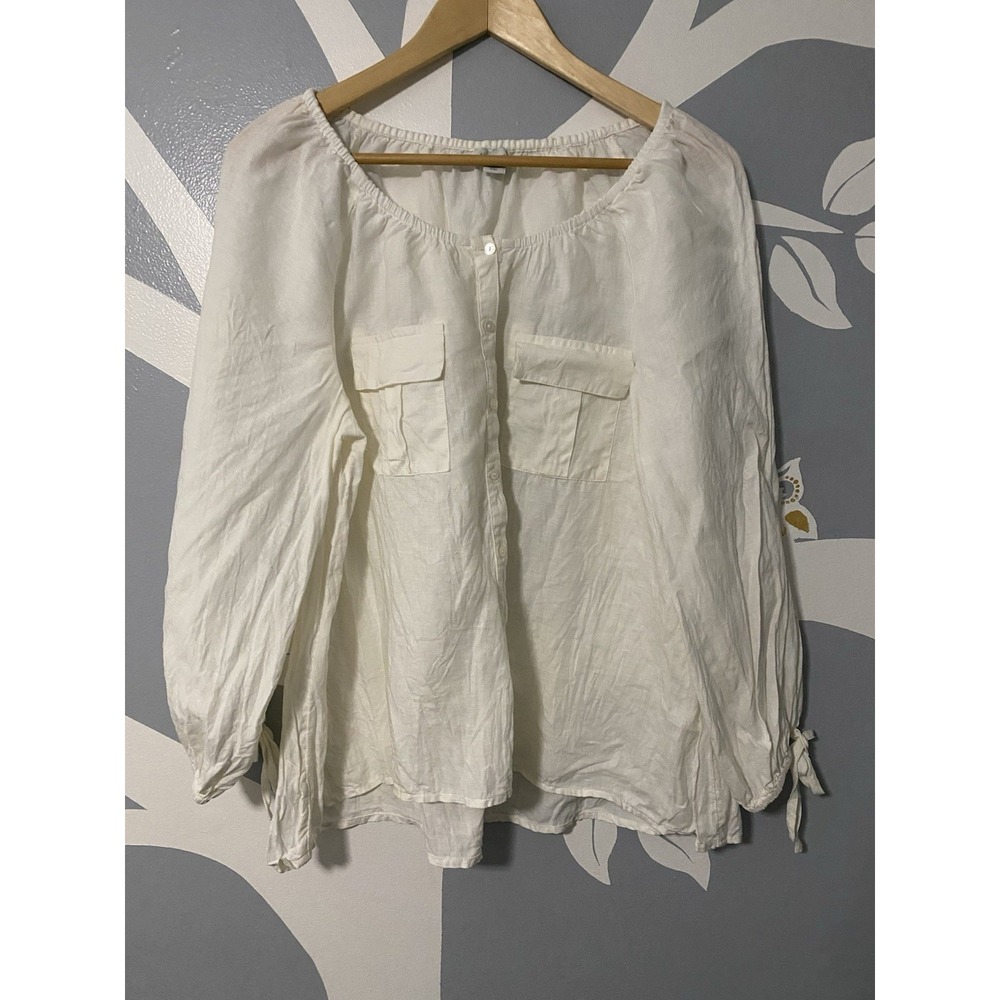 Sundance Boat Neck Linen Boho Peasant Tunic Blouse Size PL Half Button Lagenlook